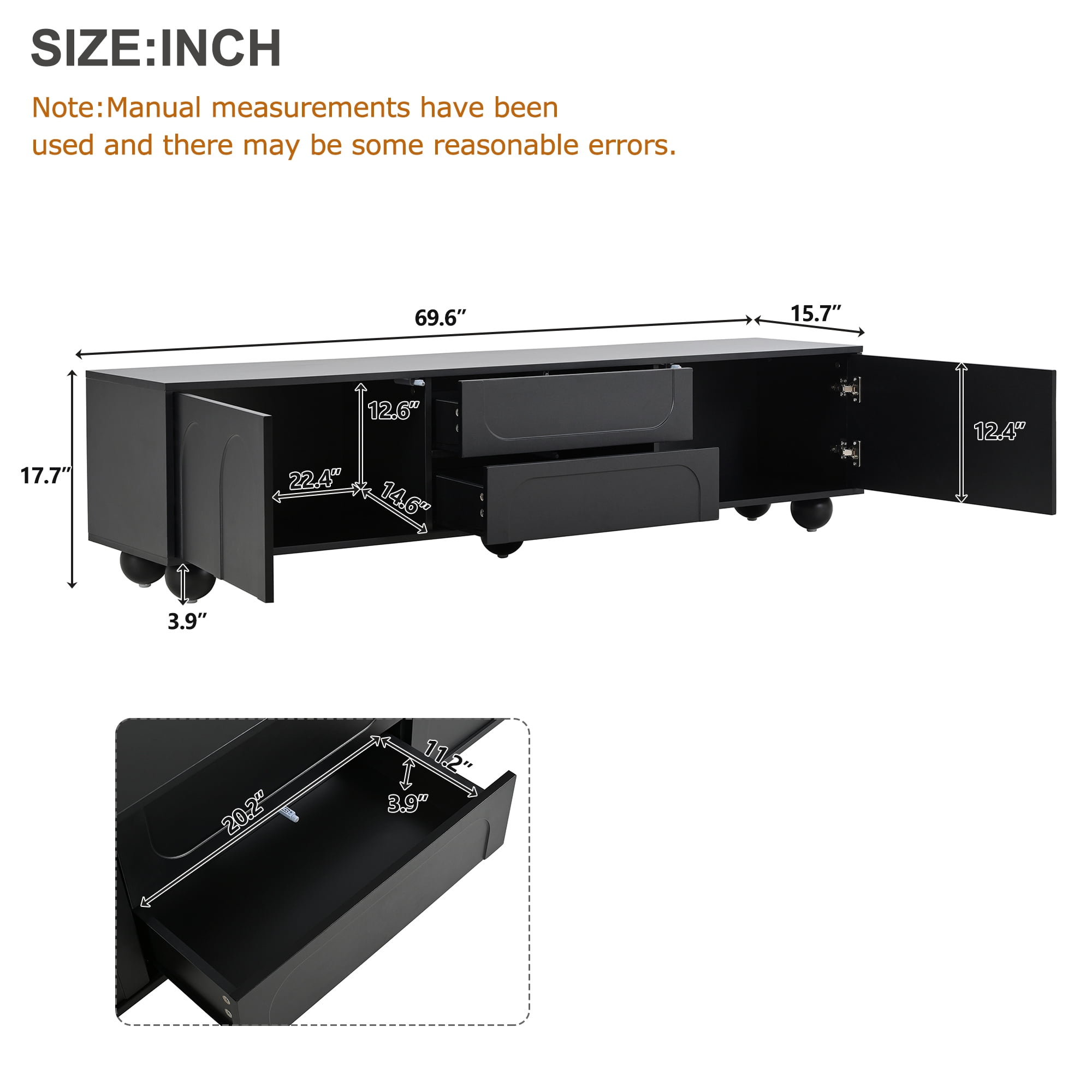 Black TV Stand for TVs up to 75", Modern Media Console with Arched Doors & 2 Drawers, Minimalist Entertainment Center with Press-Open Panels, 5 Round Metal Legs