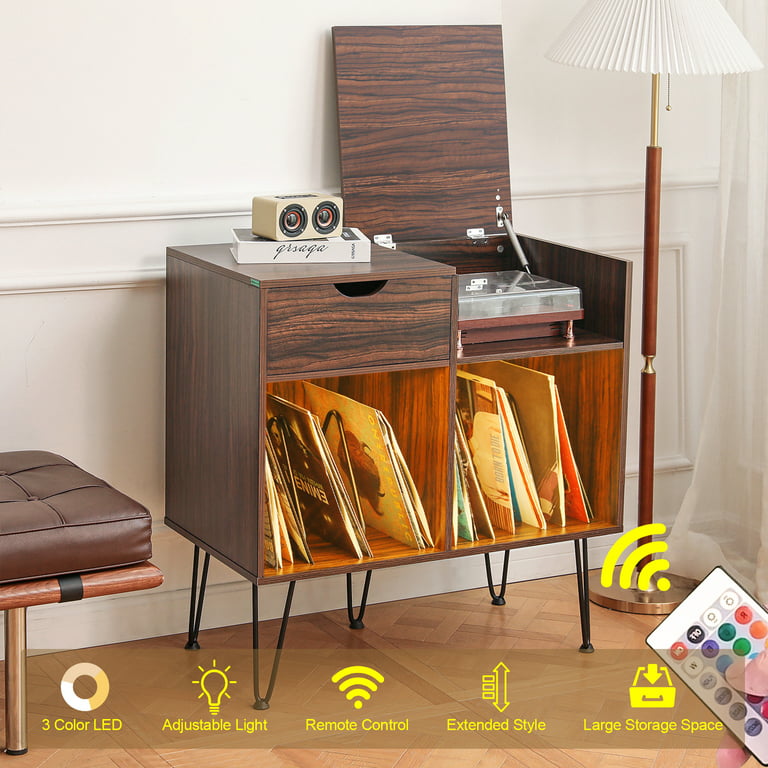 Hoompa LED Record Player Stand with Vinyl Storage Cabinet Holds Up to 200  Albums Large Turntable Stand with with Flip-top Record Player Table Vinyl  Holder Storage for Living Room Bedroom Brown 