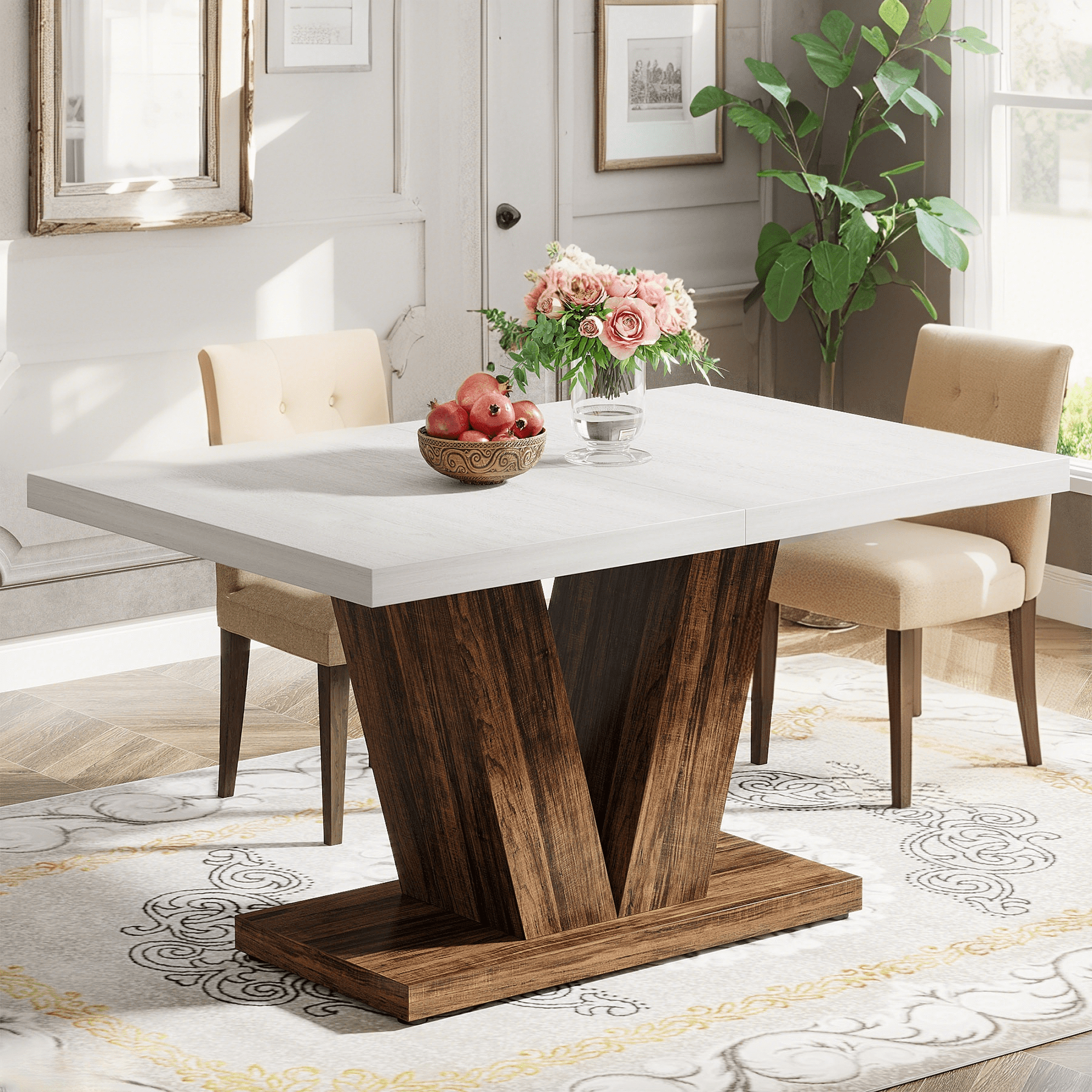Finmind 47-inch Dining Table for 4 to 6, Farmhouse Wood Kitchen Table for Dining Room, White