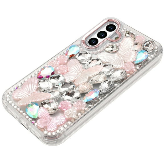 XPM for Samsung Galaxy S23 3D Diamond Floral Butterfly Bling Stone Hybrid, Sparkly Rhinestone Gemstone Back Shockproof Phone Case Cover (Pink)