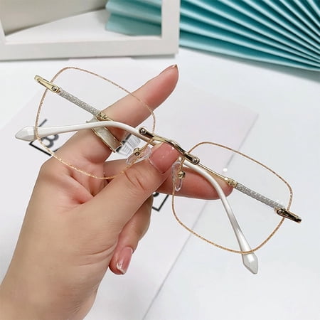 Office Glittering Frame Men Women Simple Anti-Blue Light Eye Protection Rhinestone Reading Glasses Ultra Light Glasses GOLD STRENGTH 300
