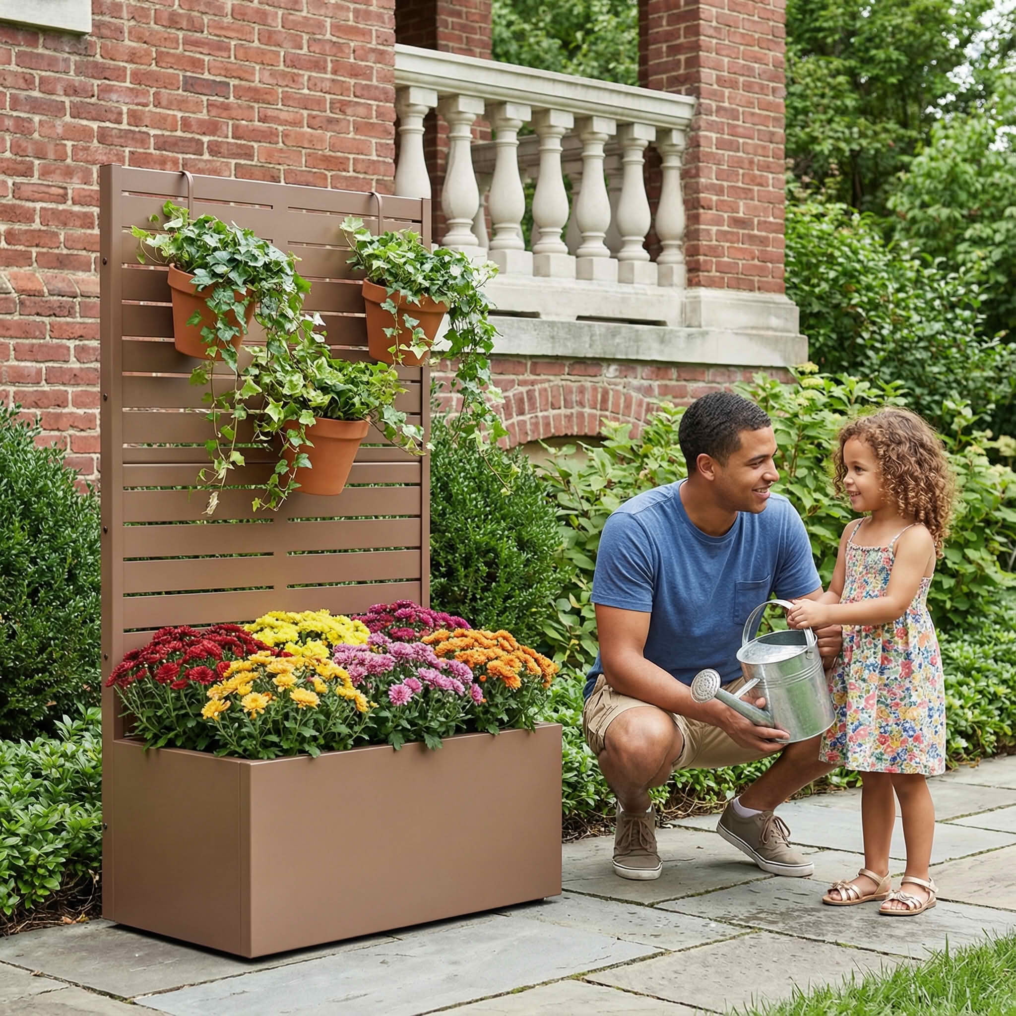 MAYEERTY 47x24 Brown Rectangular Iron Planter Box with Trellis, 2 Piece Set Decorative Garden Screen for Patio and Balcony