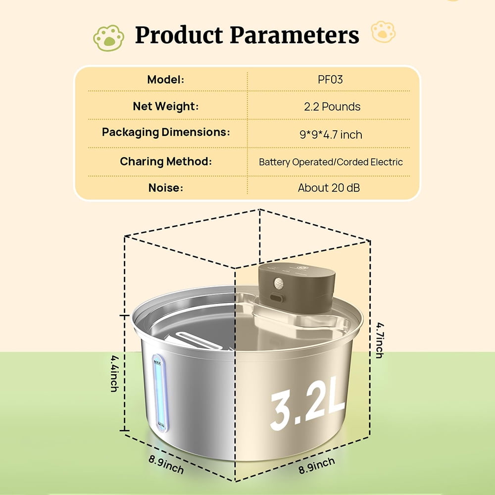 PEPWELL 3.2L Wireless Cat Water Fountain - 5000mAh Rechargeable Battery, 3 Working Modes, 304 Stainless Steel, 5-Layer Filtration, Quiet Operation for Indoor Cats & Dog