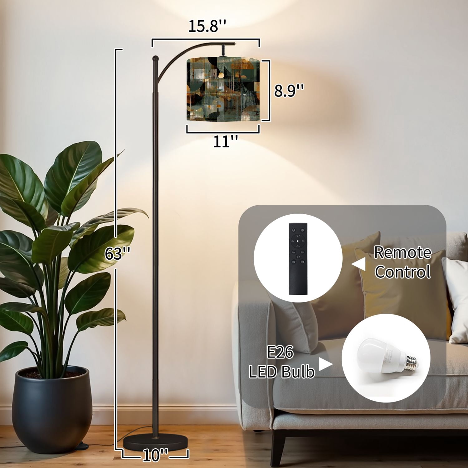Arc Floor Lamp with Adjustable Lampshade Abstract Mid Century Wall Art Teal Rust Ochre Standing Lamp 3 Color Temperatures Dimmable Tall Pole Lamp with Foot Switch for Bedroom