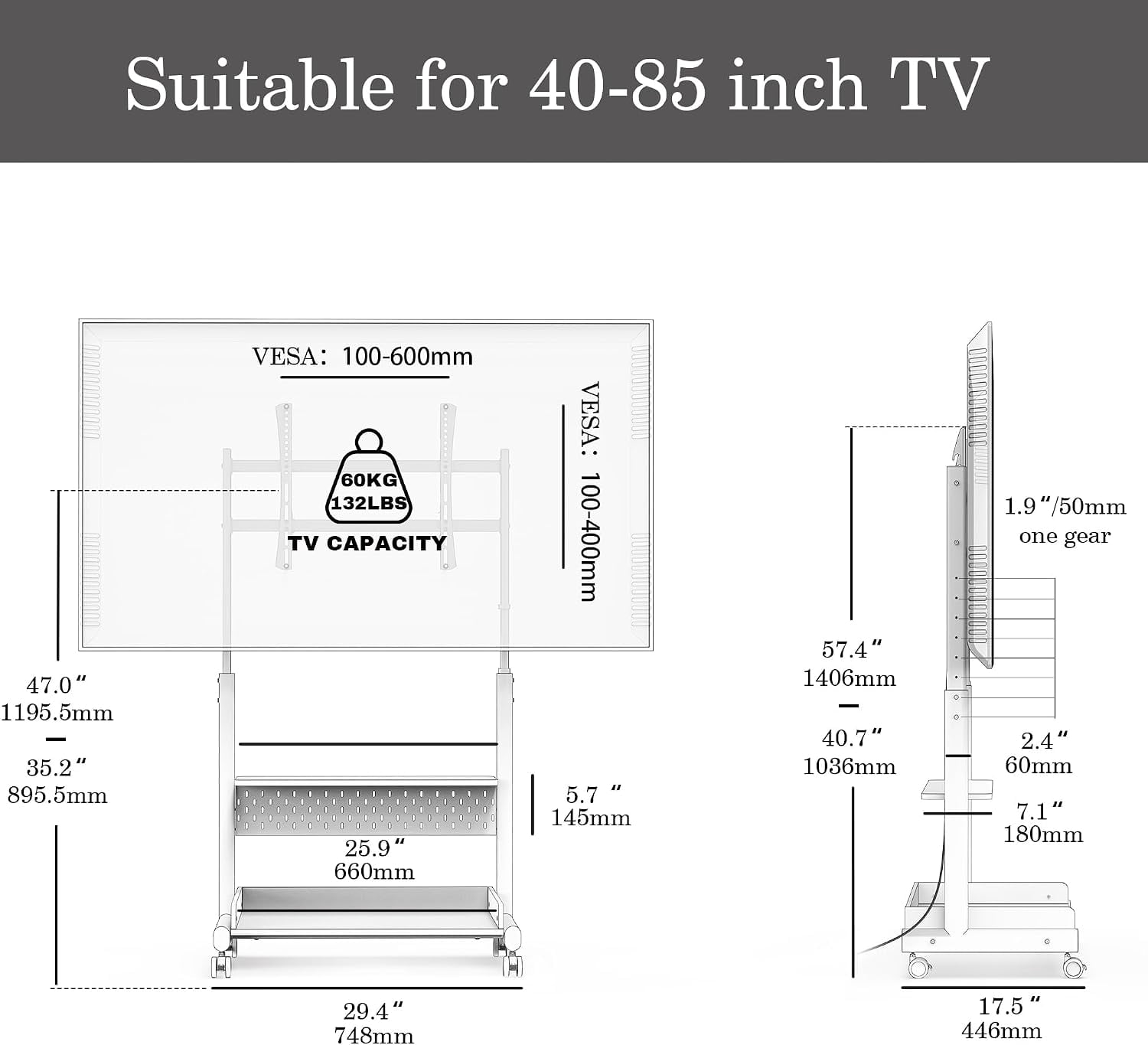 FITUEYES Rolling TV Stand for 40–85 Inch TVs, Black, Wood Shelf & Pegboard