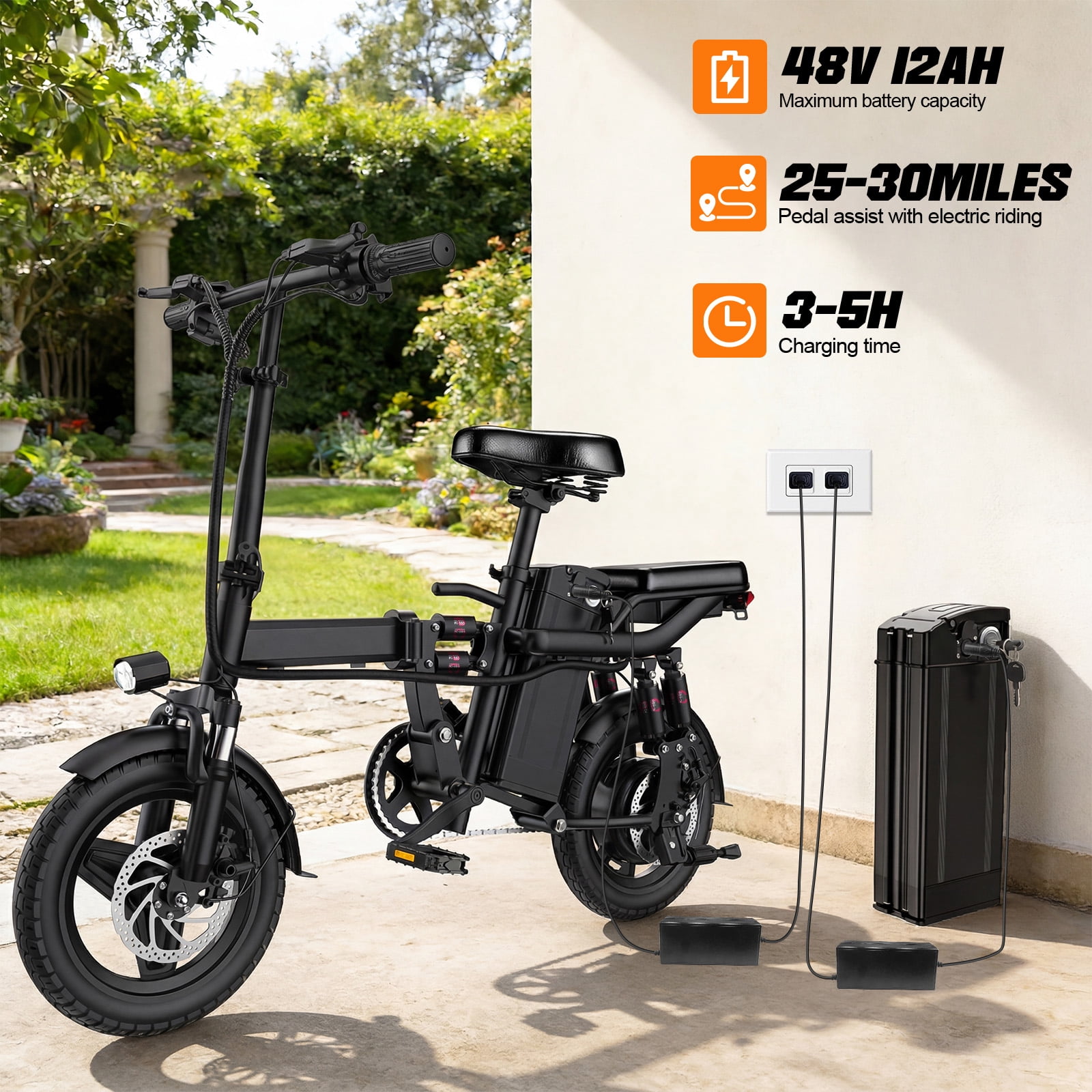 Terrosor 14-in Foldable Electric Bike - 48V 740W Motor, 19.9 Mph Maximum Speed, 18.6 Miles of Range, 330 lbs Load Capacity, Portable Folding Design, Suitable for Commuting and Short Trips Black