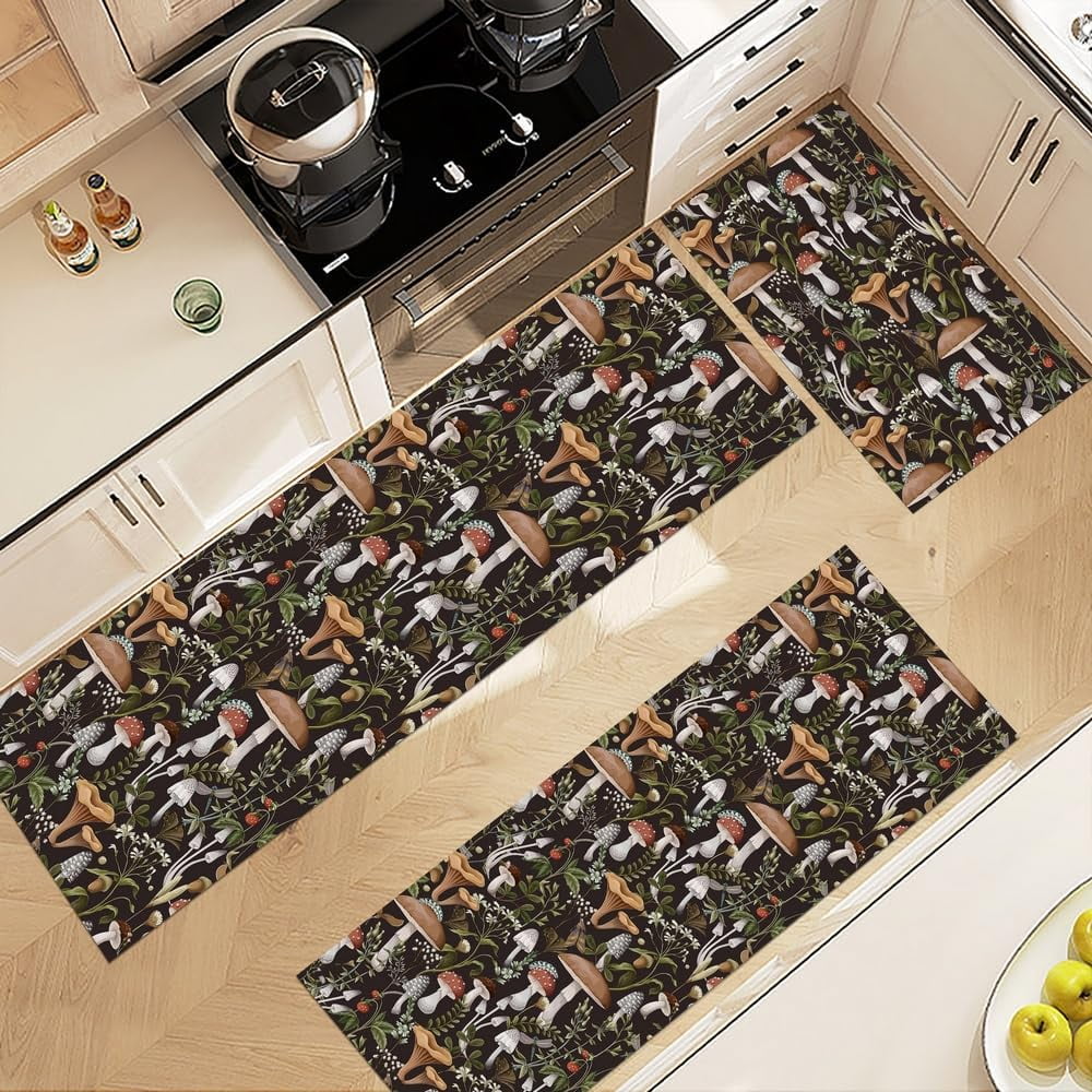 Boho Mushroom Print Kitchen Rugs Sets of 3,Non Slip Rubber Kitchen Mats for Floor Vintage Farmhouse Washable Kitchen Area Rugs Floor Carpet Runners for Hallway Laundry Room,Brown/Black/Green