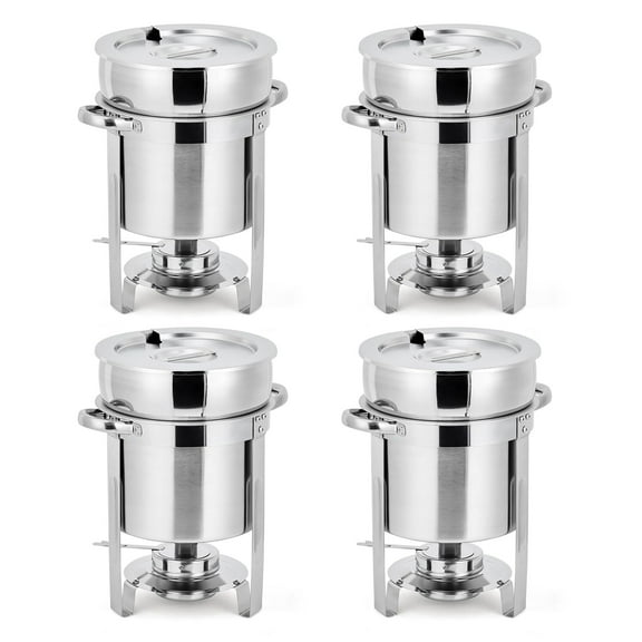 11QT Soup Chafer Set of 4, Stainless Steel Round Soup Warmer with Pot, Notched Lids & Fuel Holders, Commercial Food Warmer for Buffets, Events