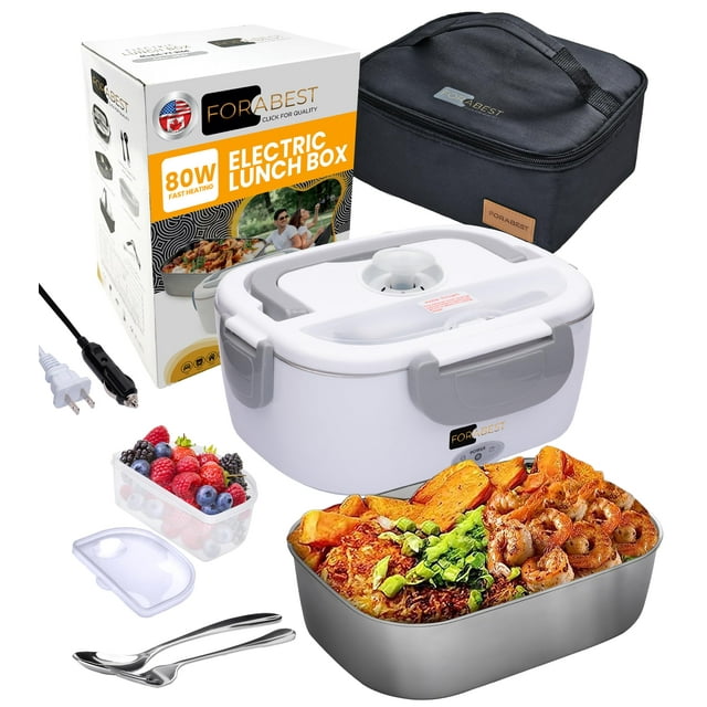 Forabest - Fiambrera eléctrica 2 en 1 portátil, calentador de alimentos para coche y hogar, a prueba de fugas, 2 compartimentos, recipiente extraíble de acero inoxidable 304, tenedor y cuchara SS y bo