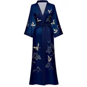 PUTUO Womens Long Silk Kimono Robes, Satin Silky Bathrobe Robe Soft Floral Bridesmaid Robes for Women, Ladies Sleepwear