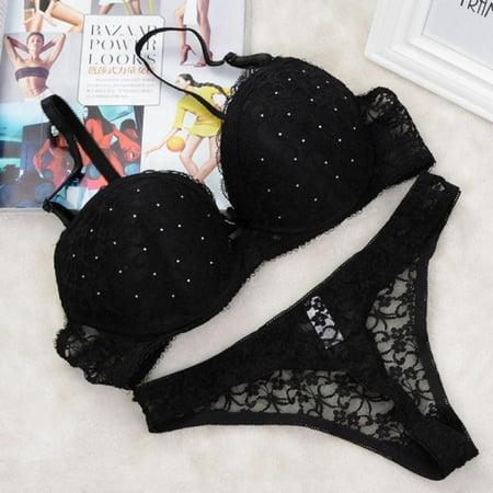 

Women s Bra Set Lace Sexy Push Up Underwear Lingerie Women G-String Panties+Bralette Bra Set (Black 80C)
