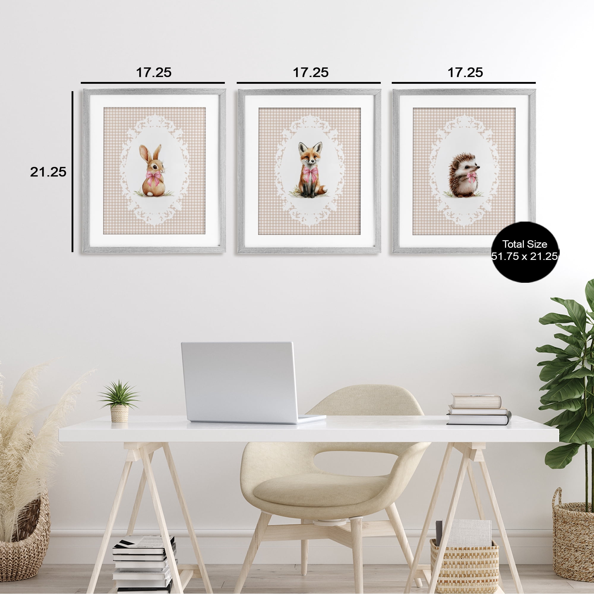 Stupell Industries Vintage Baby Bow Animals 3 Piece Gray Framed Print Under Glass Set, design by Christine Simpson Art