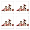 thumbnail image 1 of Christmas Coaster Set of 4, Dog and Cat in Santa Hats Surprise Boxes and Balls New Year Celebration, Square Hardboard Gloss Coasters, Standard Size, Red White Brown, by Ambesonne, 1 of 2