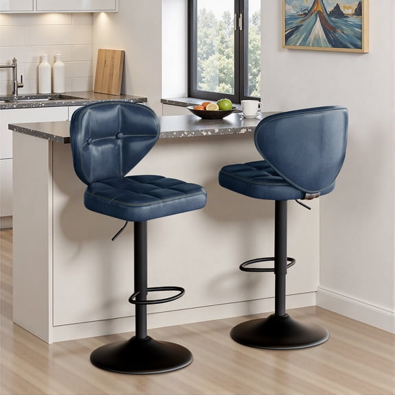 Bar Stools Set of 2 Adjustable Height 360 Swivel Counter Stools Tufted Faux Leather Padded Backrest Footrest Black Metal Base for Kitchen Island Home Bar Pub Dining Room