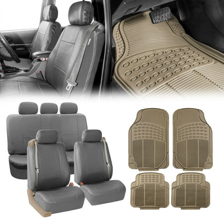 FH Group PU Leather Integrated Seatbelt Seat Covers, Full Set with Beige Heavy Duty Floor mat, (Best Aftermarket Car Mats)