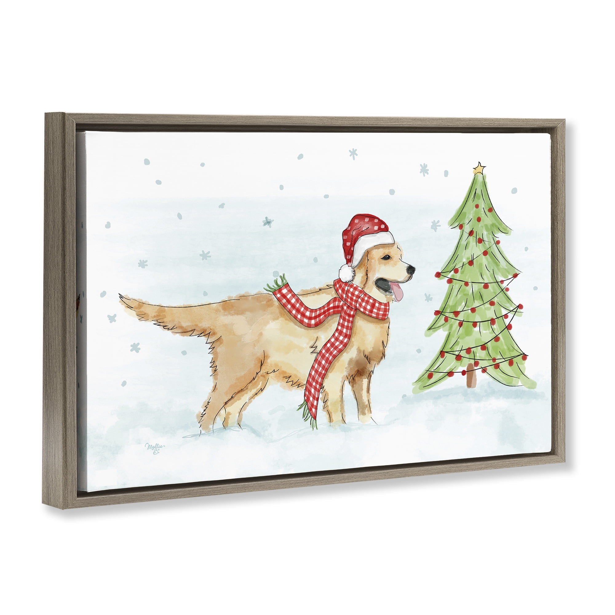Stupell Industries Snowy Labrador Scene Holiday Painting Brown Floater Framed Canvas Art Prints Wall Art, 25 x 17