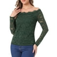 thumbnail image 4 of INSPIRE CHIC Women's Floral Lace Top Off Shoulder Sheer Long Sleeves Blouse XS Green, 4 of 6