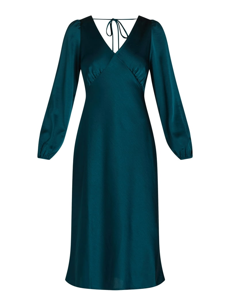 Nine.Eight Satin Midi Dress - V-Neck Long Sleeve Fit