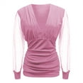 thumbnail image 4 of MIXUE Womens Summer Tops Solid Color V Neck Mesh Long Sleeve Fashion Casual Shirts For Women Tee Shirts Daily-Wear,Pink,L, 4 of 4