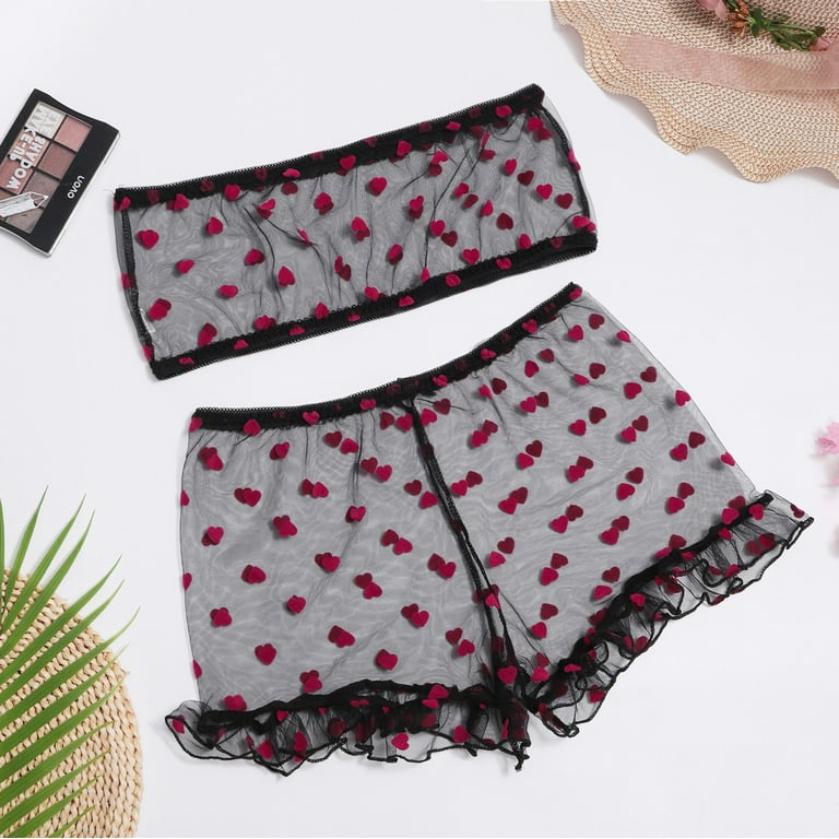 Shpwfbe Underwear Women Love Pattern Lace Bra + Thong Pajamas Set Valentines  Day Gifts Lingerie For Women 