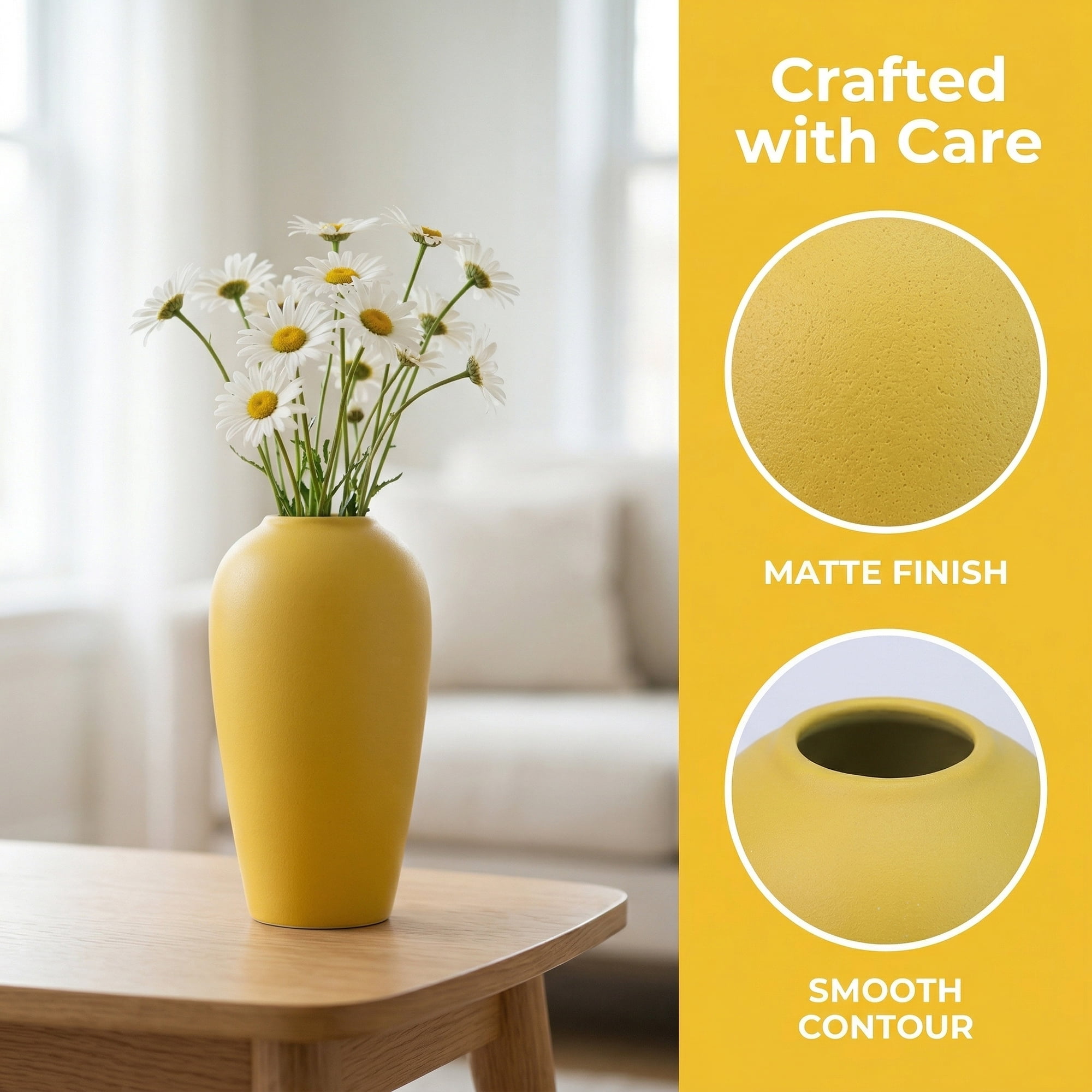 Unique Bargains Ceramic Ribbed Textured Flower Vase Yellow 3.1" x 3.1" x 6.1"