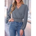 thumbnail image 5 of PRETTYGARDEN Women's Business Casual V Neck Wrap Blouse Lace Trim Soft Crop Tops, Smocked Waist Long Sleeve Shirts, Dressy Casual Office Work Going Out Outfits, Fall Clothes, 5 of 9