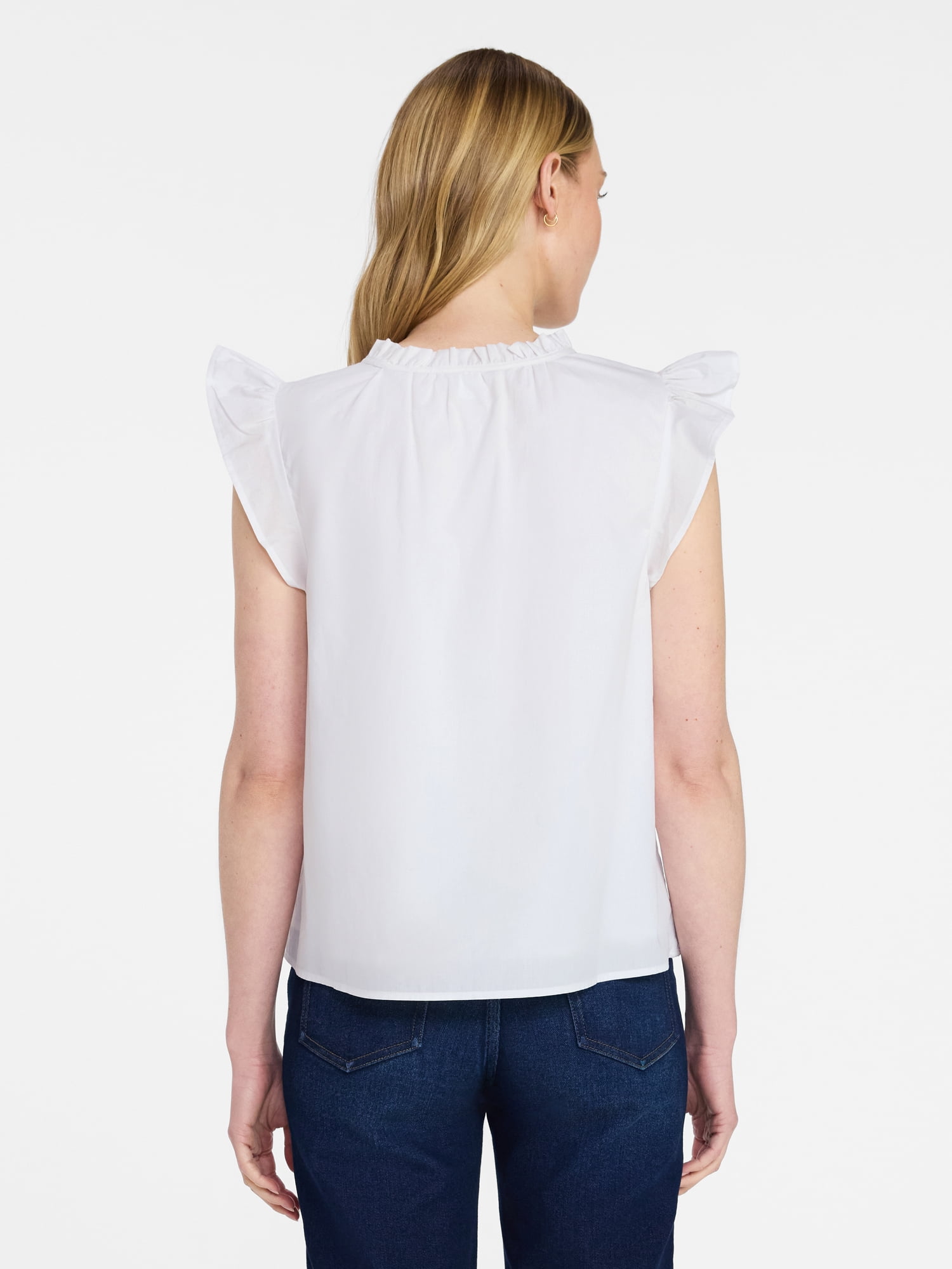 Time and Tru Women's Cotton Split Neck Top with Flutter Sleeves, Sizes XS-XXXL