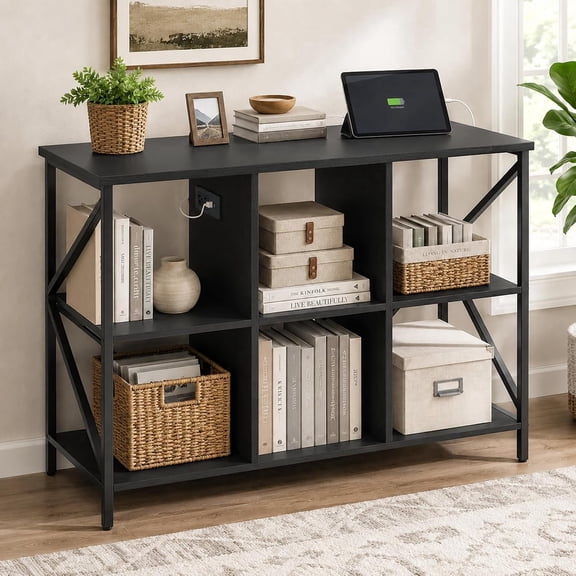 6 Cube Organizer with Charge Station, Industrial Bookcase, Black