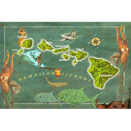 WADE131 - 24 X 16 VINTAGE - HAWAII MERMAID MAP “Made in the USA with heavy gauge steel"