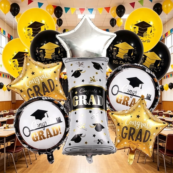 2 Styles Graduation Foil Balloons Set Black Gold Star Round Elongated Balloons Kit for Graduation Celebration Party Decorations