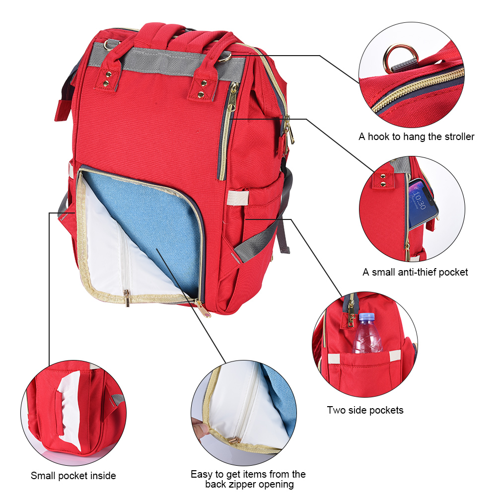 Large Capacity Diaper Bag Backpack, XNB Anti-Water Mummy Maternity Nappy Bags Changing Bags with Insulated Pockets,Waterproof and Stylish, Multi-functional Travel Backpack for Baby Care, Red - image 3 of 10