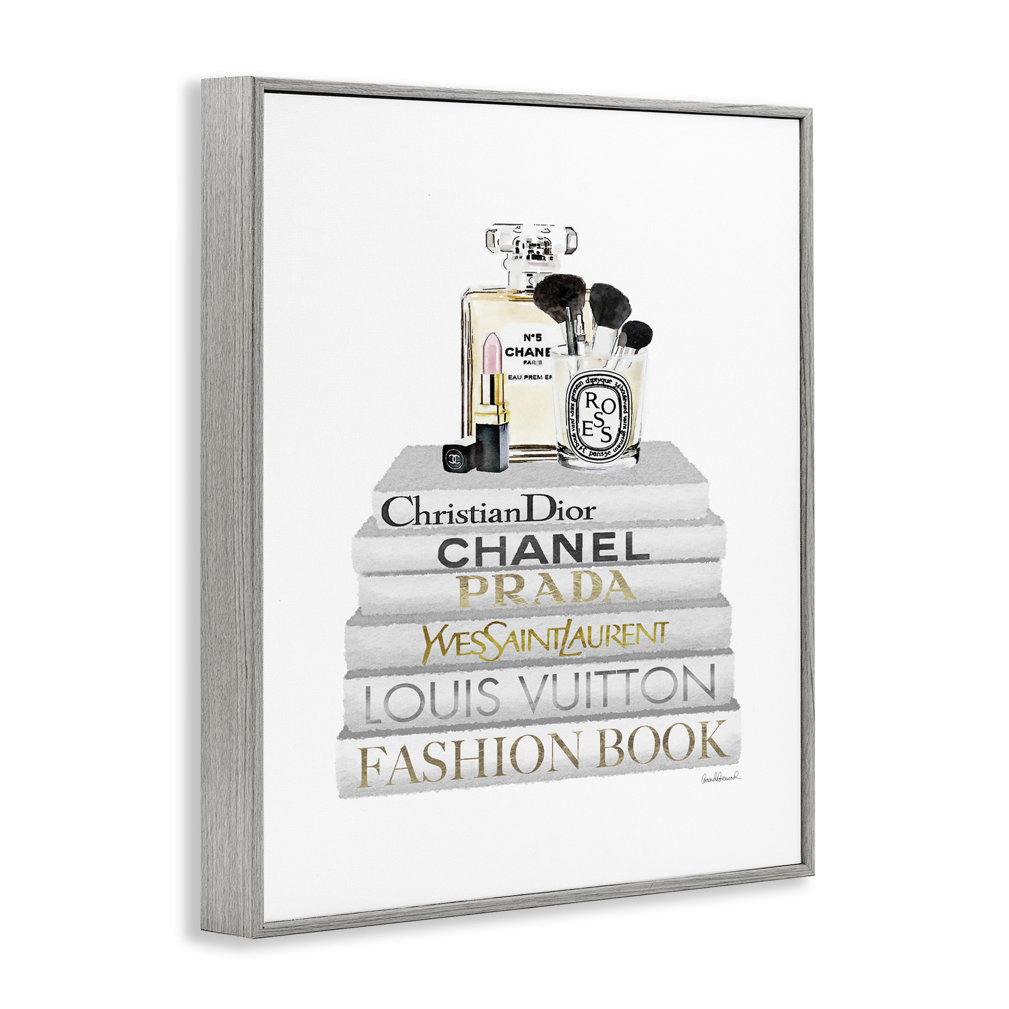 Stupell Industries Bookstack with Makeup Accessories Beauty & Fashion Painting Gray Framed Art Print Wall Art, 11 x 14