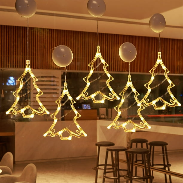 Decoración navideña con luz LED y gancho de ventosa, árbol de Navidad, copo de nieve, muñeco de nieve, funciona con pilas, para interiores, dormitorio, escaparate, luces navideñas, luces navideñas de