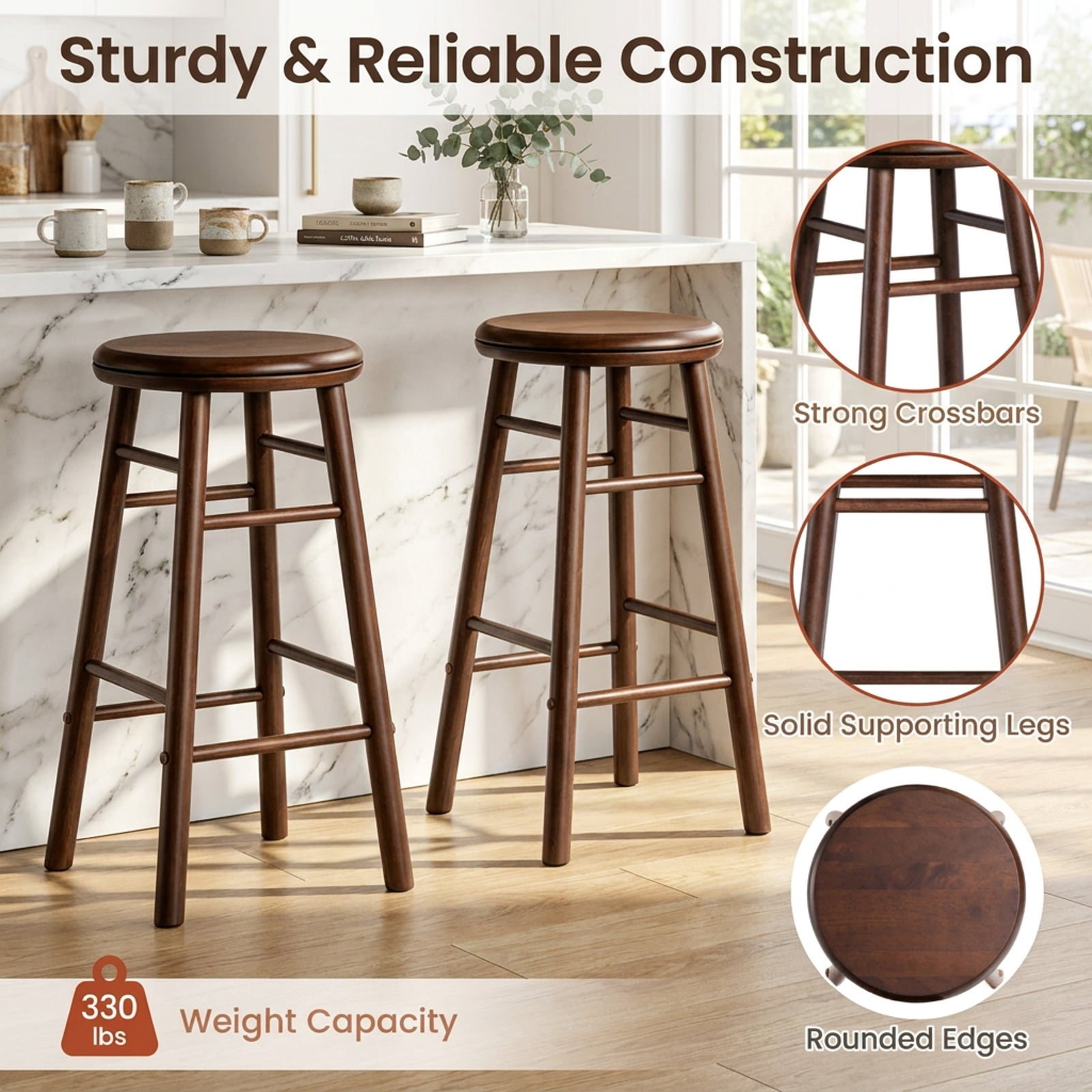 Furnibear 24" Swivel Bar Stools Set of 2 with Footrests & Crossbars for Kitchen Island Counter Bar Pub Dining Home, Walnut