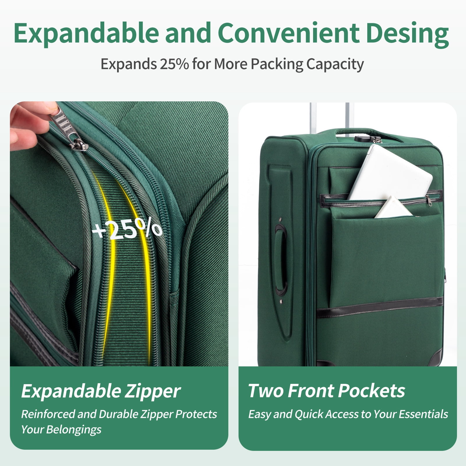 Ktaxon 3-Piece Softside Luggage Set With 8 Set Pcaking Cube TSA Lock, 360° Spinner Wheels Green