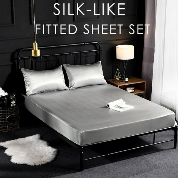 Tongliya 1 Set of Silk Satin Silk Sheet and Pillowcase Soft Cool Touch Bedding Set Twin Full King Bed Sheet Black 3 Pieces