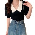 thumbnail image 3 of Top de punto de manga corta con cuello en V,Camiseta de manga corta abombada con cuello vuelto para mujer Blusa de manga corta con bloques de color Acabado de lujo, 3 of 8
