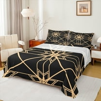 Homewish Teens Bohemian Aztec Twin Sheet Sets, Black Gold Stripe Lines Twin Fitted Sheet, Fashion Abstract Ombre Flat Sheet, Ultra Soft Bedroom Decor, 3-Piece