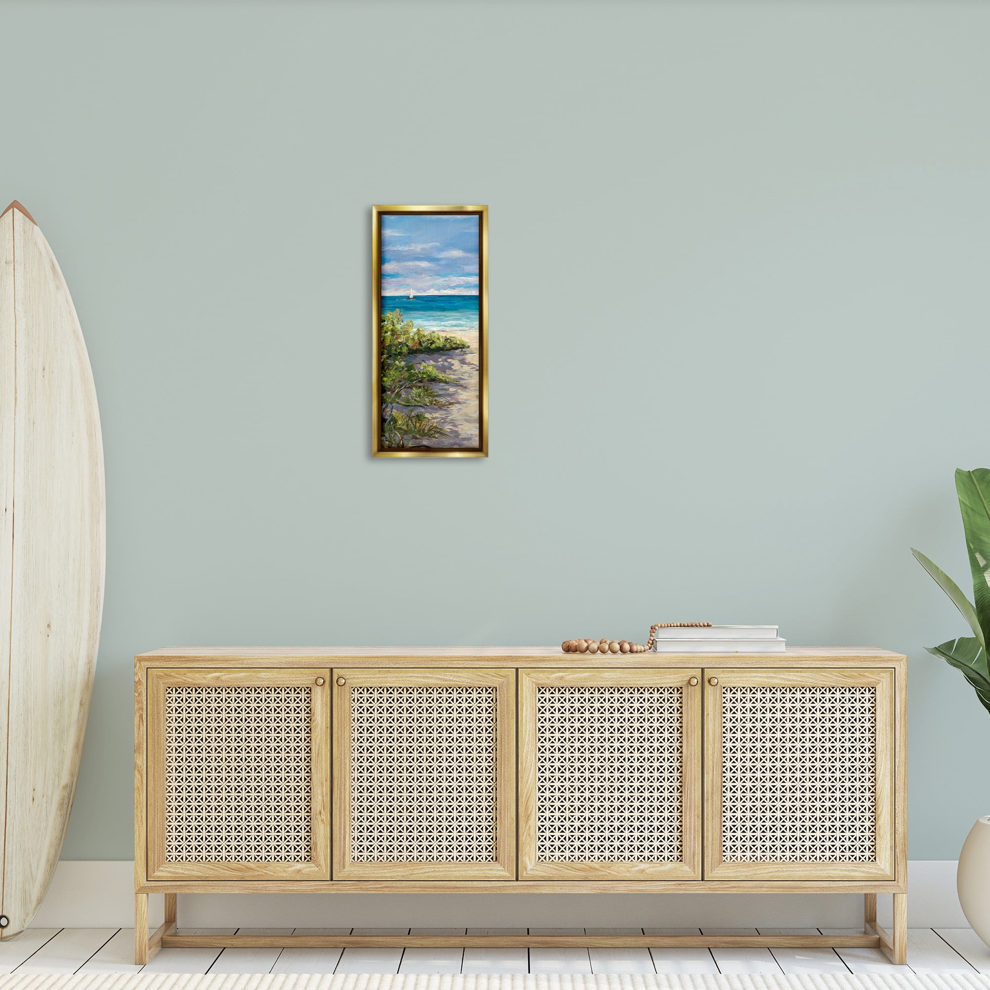 Stupell Industries Grassy Beach Shore Landscape Painting Gold Floater Framed Canvas Art Print Wall Art, 11 x 25