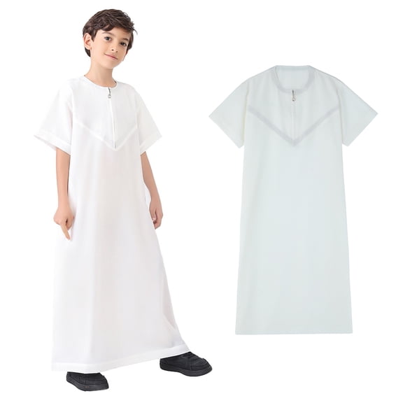 Thobe for Kids Short Sleeve Zipper White Thobe Ramadan Clothes Boys Size 9-10 Years Clothes