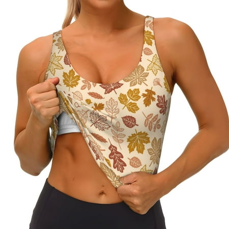 Qokaie Fall Leaves Pattern Womens Scoop Neck Sports Bra Breathable Workout Vest Padded U Back Medium Impact Fitness Gym Yoga Bra Workout Crop Top