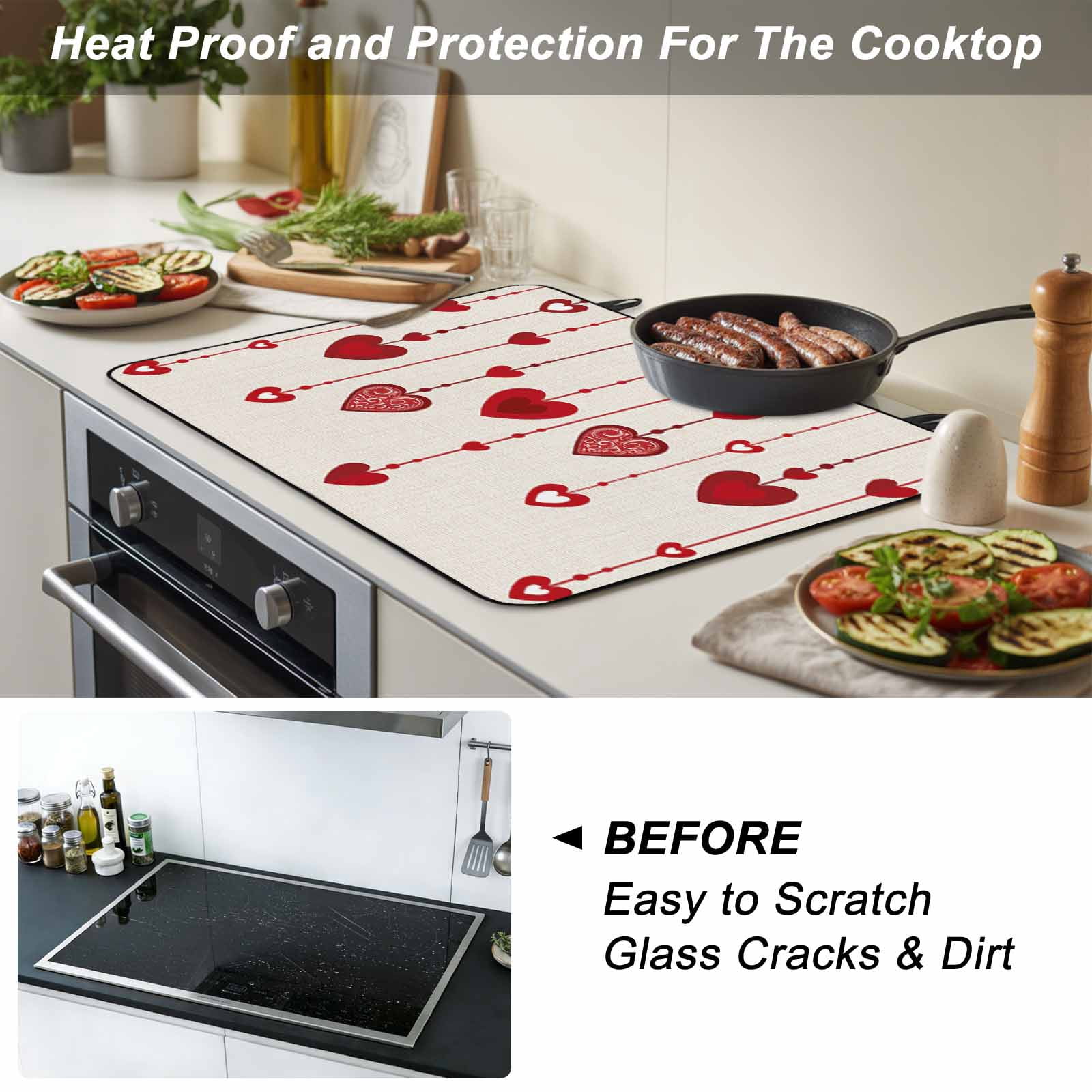 Valentines Love Heart Stove Top Cover for Electric Stove, Heat-proof & Non Slip Glass Top Stove Cover Protector, Red Love Heart Rustic Burlap Kitchen Flat Cooktop Rubber Mat 24x21 Inches