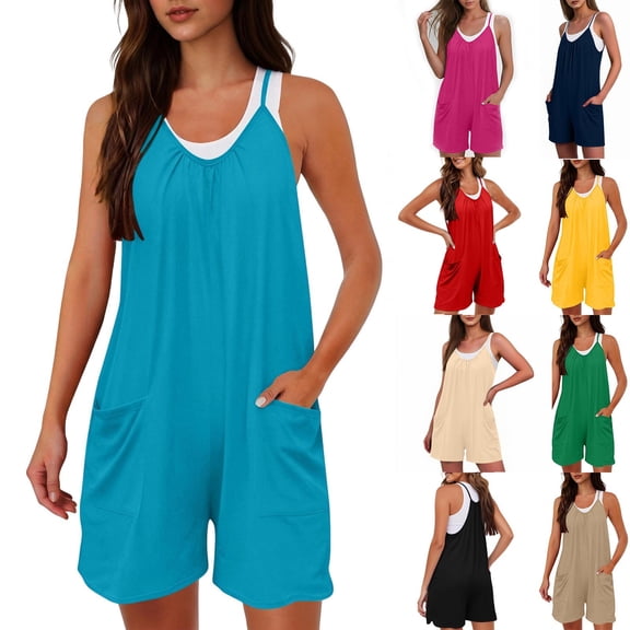 Frostluinai Womens Summer Casual Loose Rompers Athletic Sleeveless Stretchy Short Overalls Spaghetti Strap Wide Leg Jumpsuits with Pockets