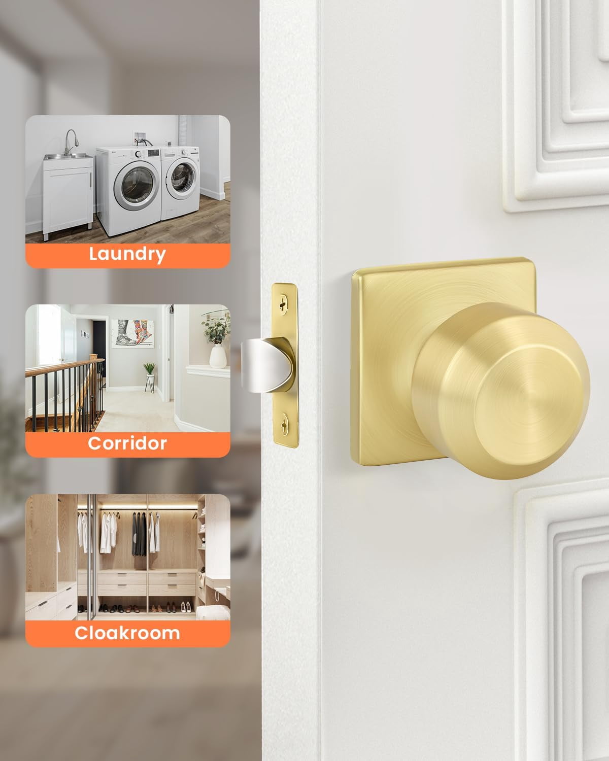 6 Pack Gold Interior Door Knobs, Passage Door Knobs for Closet and Hallways Keyless Non-Locking Doorknob Square Panel