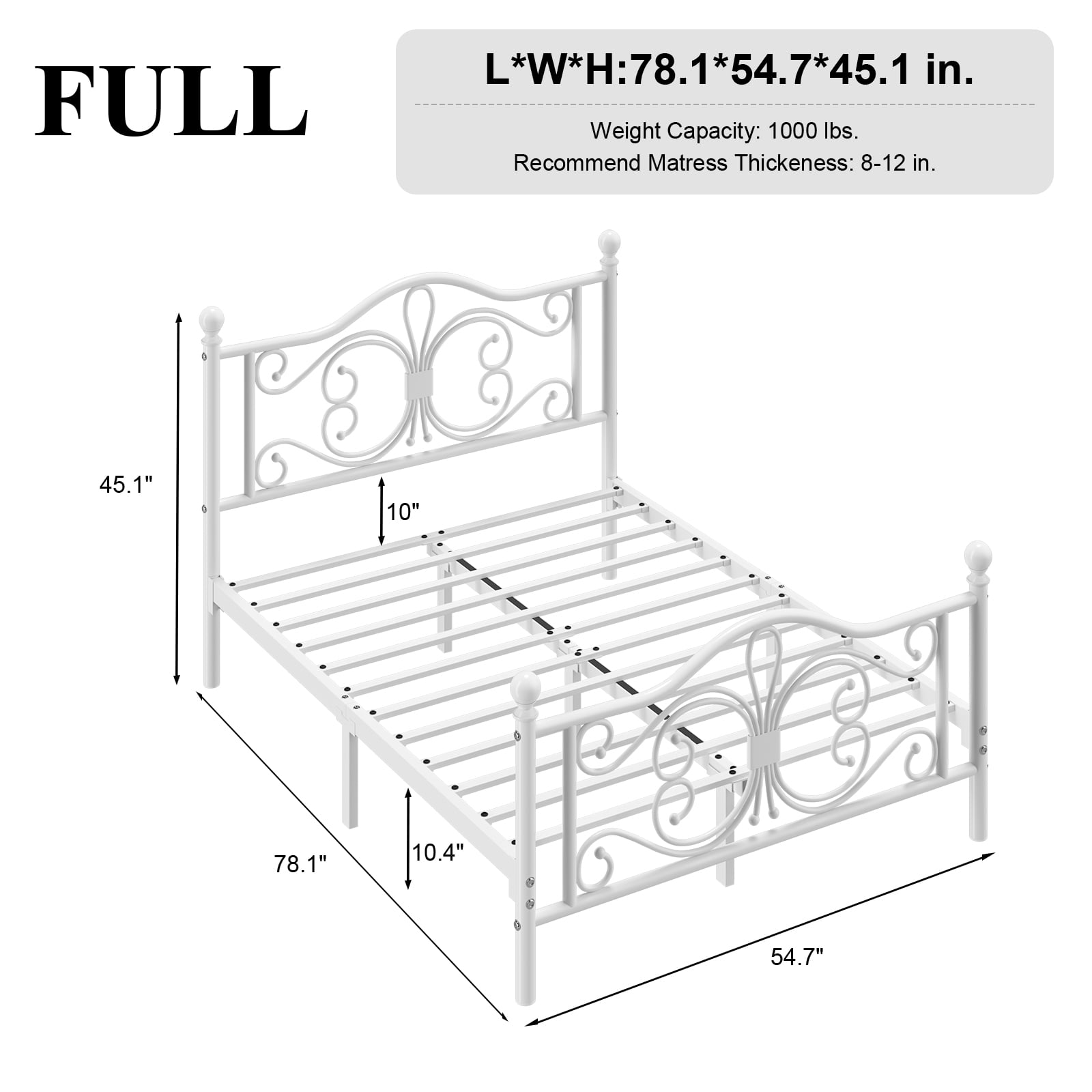 EBERY Full Size Metal Bed Frame with Butterfly Pattern Design Headboard & Footboard, Underbed Storage, White