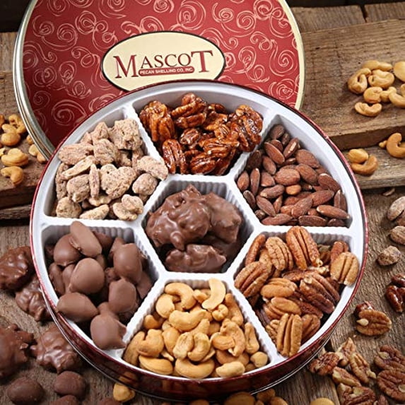 Nut Tray - Mascot Gift Tin Nut Sampler Chocolate Covered Pecans, Pecan Caramel Clusters, Almonds, Roasted and Salted Cashews, Cinnamon Glazed Pecans, Glazed Pecans