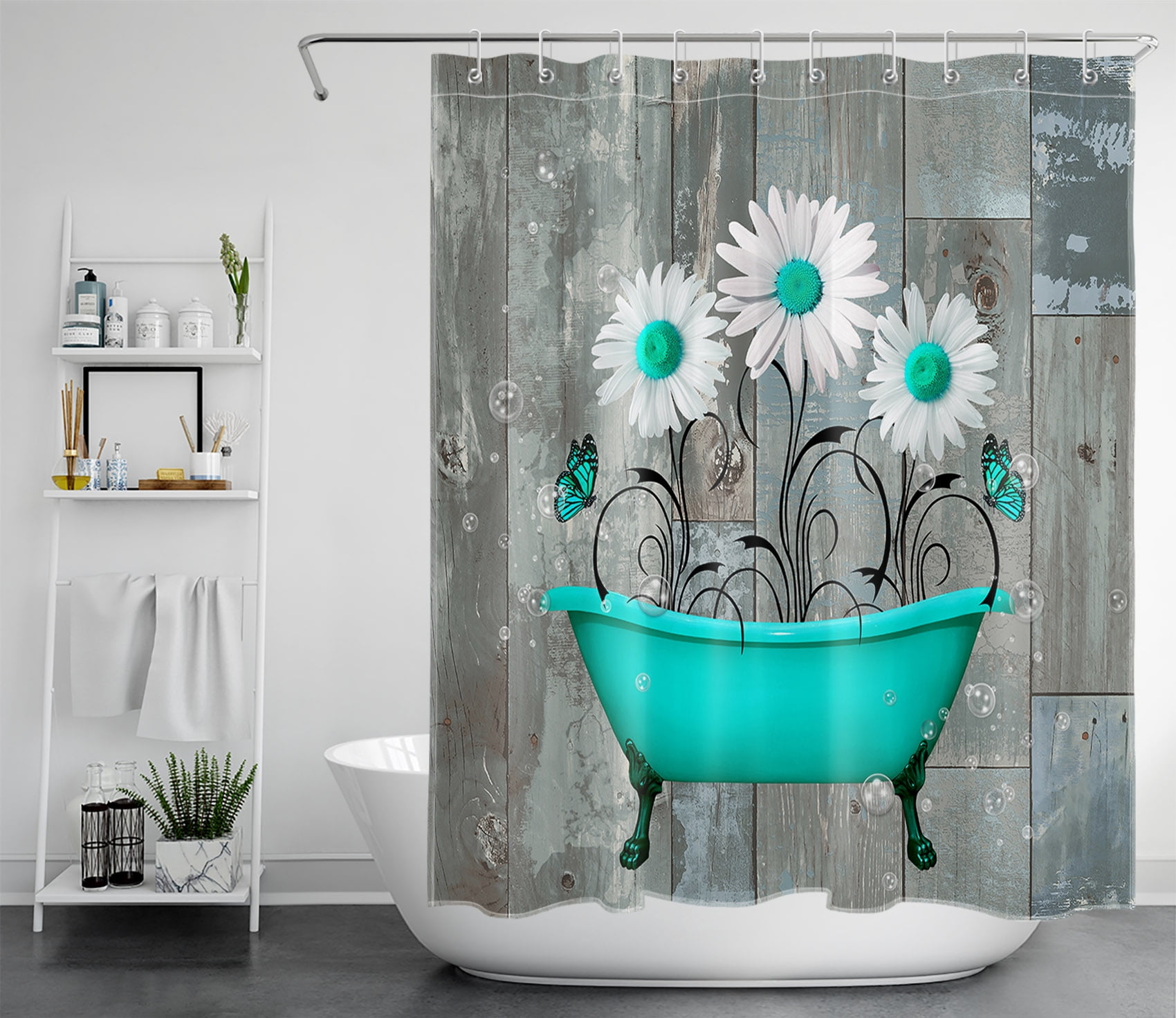 HVEST Rustic Daisy Shower Curtain, White Floral in Bathtub Bathroom Shower Curtain with Hooks,Farmhouse Vintage Wood Planks Polyester Waterproof Fabric Bath Decor Accessories,60x72 Inches