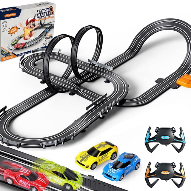 Slot Car Race Track Sets for Boys Kids,Battery or Electric Race Car Track with 4 High-Speed Slot Cars and 2 Hand Controllers,Dual Racing Game Lap Counter Circular Ove