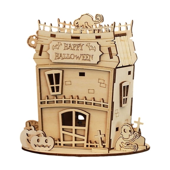 3D Wooden Puzzle 7 X 4.5 Inch Haunted House Decor Spooky Halloween Decorations Diy Miniature House Kit for Home Classroom Party 1 Pack