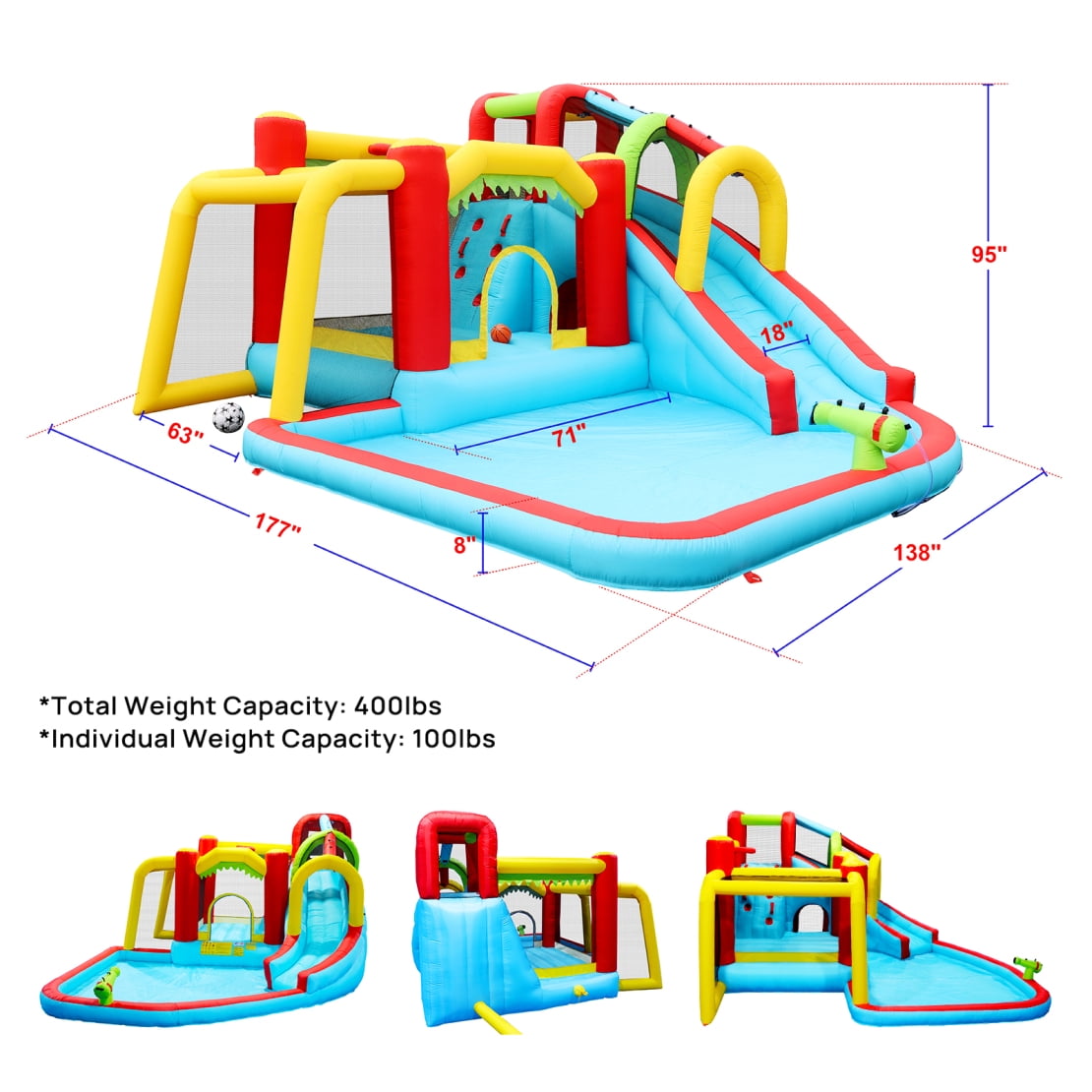 Kids Inflatable Water Slide 7-in-1 Bounce House Water Park Jumping Castle with Splash pool & Water gun & Climbing wall & Basketball & Football